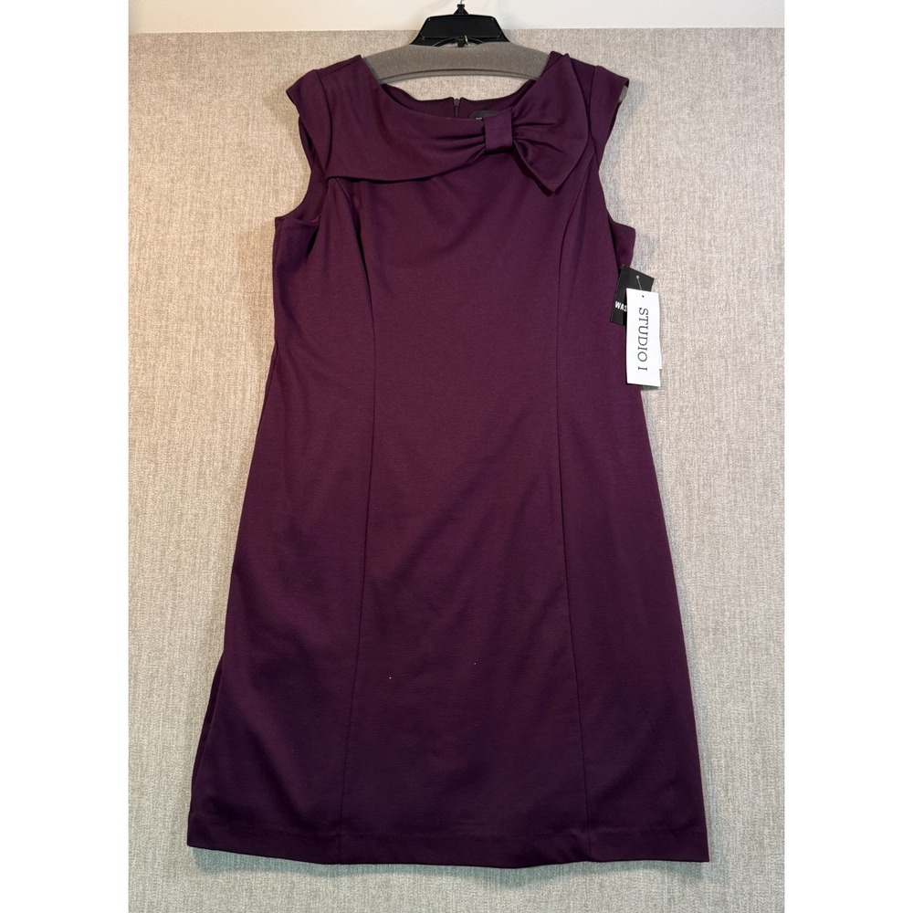 Studio I Purple Sheath Dress Women's 14 Bow Front Cap Sleeve Knee Length NWT